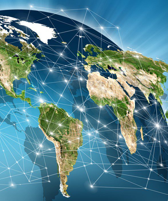Global map interconnected by digital lines, representing connectivity and technology. Highlights the importance of global communication networks.
